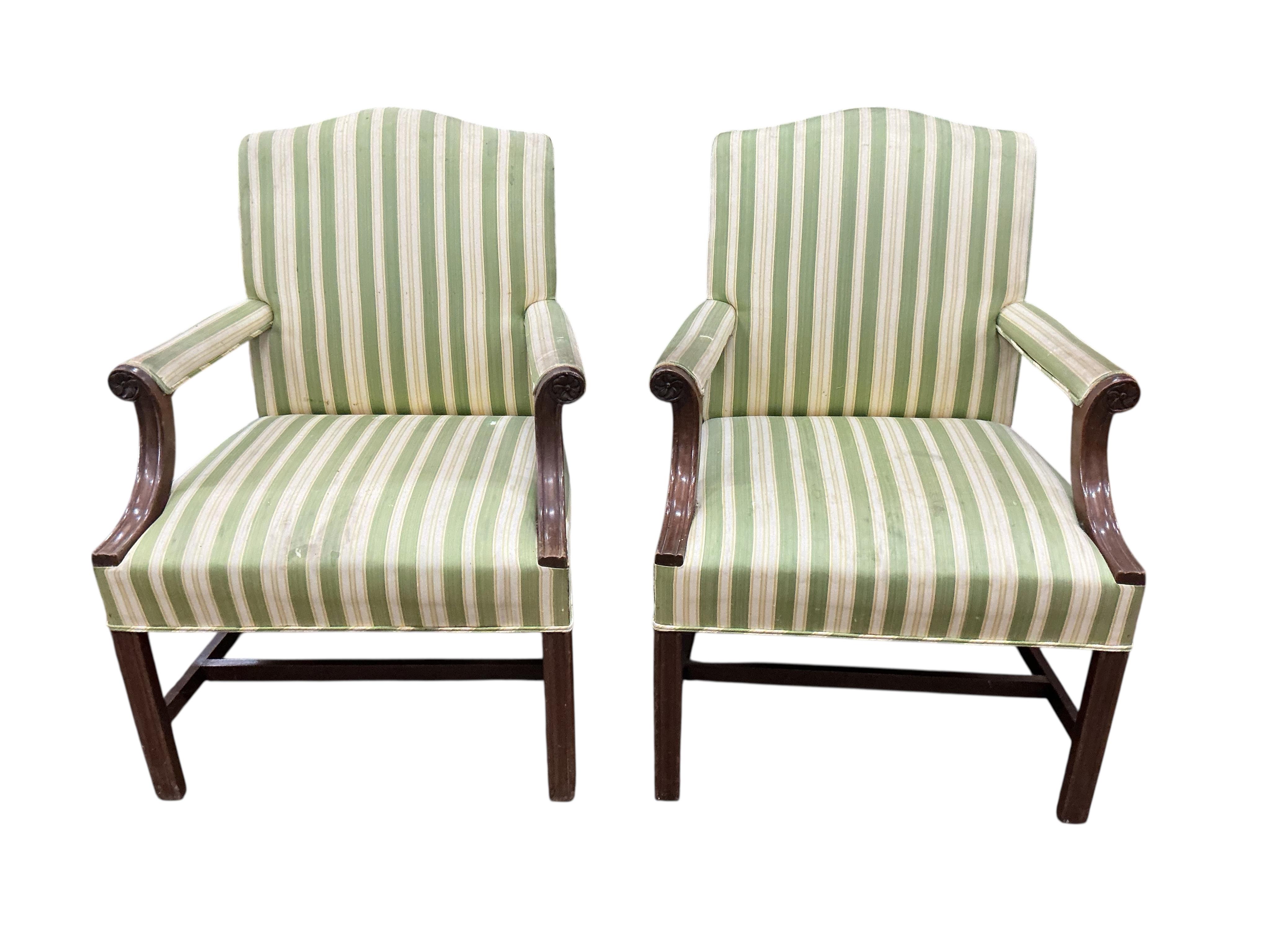 A set of five reproduction Gainsborough style upholstered mahogany elbow armchairs, width 66cm, depth 58cm, height 96cm